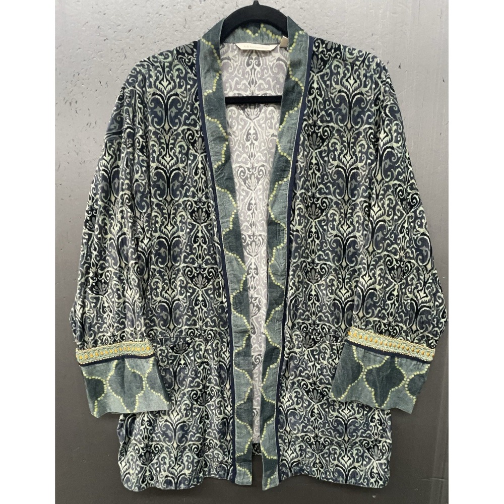 Soft Surroundings Aurora Velvet Kimono XL Green Damask Open Jacket Boho Artsy